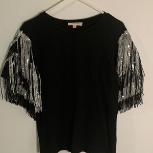 Elegant Black Tee with Silver Fringe Accents